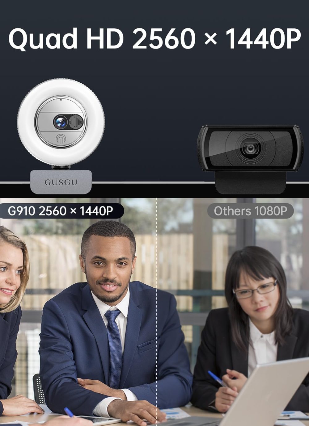 GUSGU G910 2K Quad HD Webcam for PC, with Microphone & Light & Privacy Cover, Web Camera for Desktop Computer/Laptop/MacBook, USB Streaming Camera - Image 2