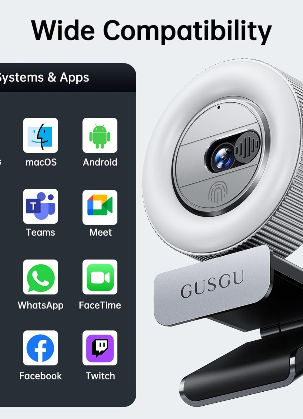 GUSGU G910 2K Quad HD Webcam for PC, with Microphone & Light & Privacy Cover, Web Camera for Desktop Computer/Laptop/MacBook, USB Streaming Camera - Image 6